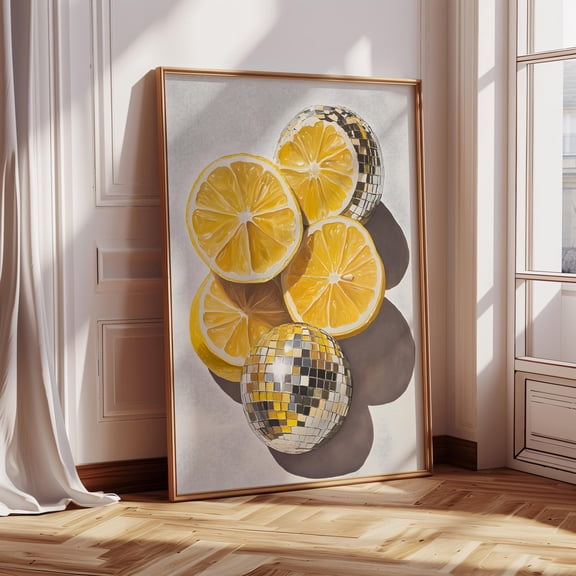 Maximalist Poster Disco Lemons Wall Art Instant Disco Ball Fruit Eclectic Poster Sparkle Lemons Poster , Poster Print Only