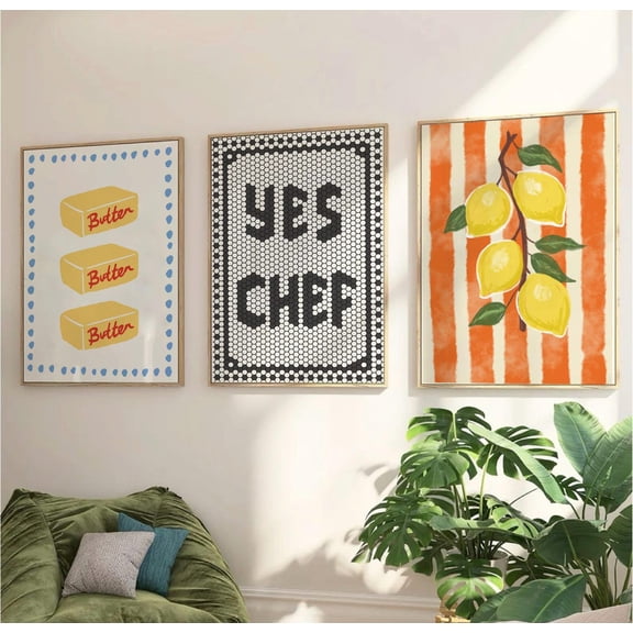 Maximalist Retro Kitchen Collage Yes Chef Mosaic Tile Art Eclectic Lemons, Stretched Canvas