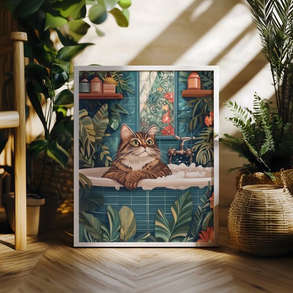 Maximalist Tabby Cat in Bathtub Wash Your Paws, Unframed Poster