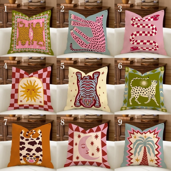 Maximalist Throw Pillow Polyester Covers, Earthy Pastel Pink & Green Accents, Eclectic Folk Art Cushion, Whimsical Animal Dopamine Decor