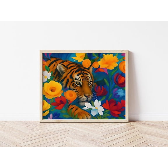 Maximalist Tiger Poster, Bold Floral Jungle Animal Art Unframed Paper Print