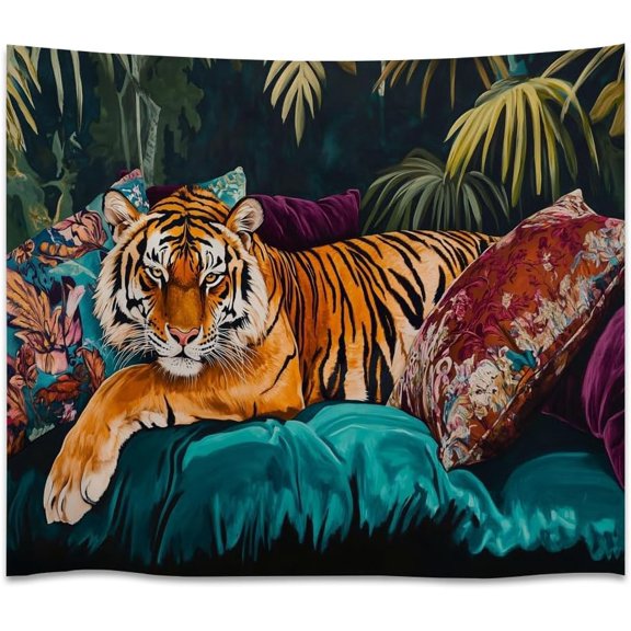 Maximalist Vintage Tiger on Velvet Sofa Aesthetic Tapestry Funny Moody Jungle Animal Tapestries Country Boho Nature Wildlife Wall Hanging for Bedroom Living Room Dorm Wall Decorwhite30x40inch