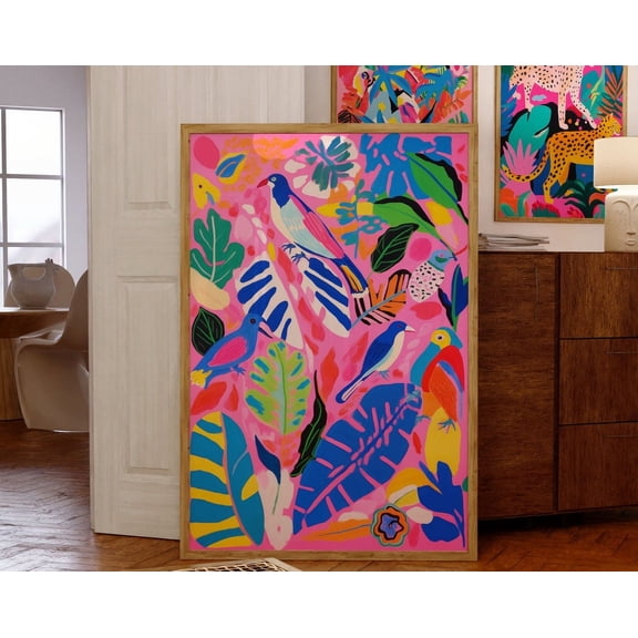 Maximalist Wall Decor, Trendy Art Prints, Dopamine Decor, Tropical Art, Bright Pink Decor, Colorful Art, Birds Drawing, Maximalist Gallery Wall Art, Modern Wall Decor For Living Room, 16x24 UNFRAMED