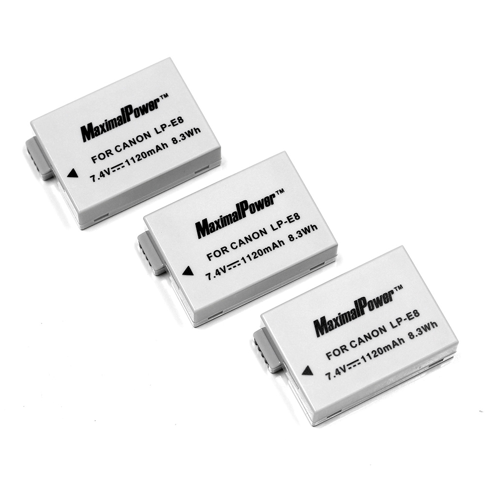 Maximalpower for Canon LP-E8, LPE8 Battery, Fits Canon Rebel T3i T2i T4i T5i EOS 600D 550D 650D 700D Kiss X5 X4 Kiss X6 Digital Camera (3 Pack) - image 1 of 8