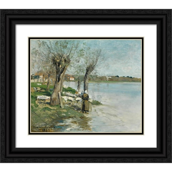 Maxime Maufra 23x20 Black Ornate Framed Double Matted Museum Art Print Titled: Lavandieres by a River Near Nantes (1887)