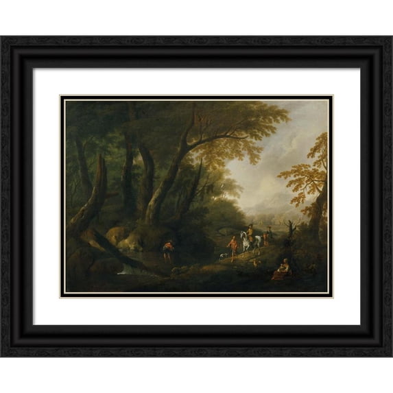 Maximilian Joseph Schinnagl 18x14 Black Ornate Wood Framed Double Matted Museum Art Print Titled - Forest Landscape with Waters on the Left