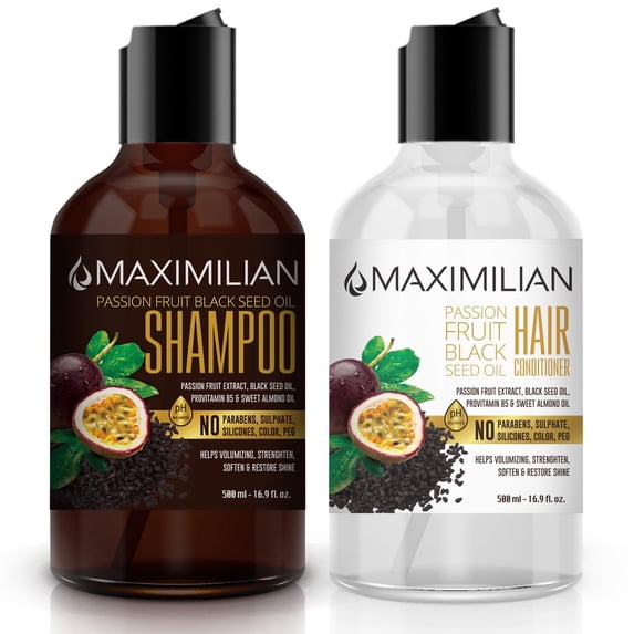 Maximilian Passion Fruit Black Seed Oil Curly Hair Shampoo and Conditioner Set- Extra Volumizing, Strengthing, Moisturizing, Hydration and Shine - Sulfate Paraben Free - (2 x 16.9 Fl Oz / 500mL) C32