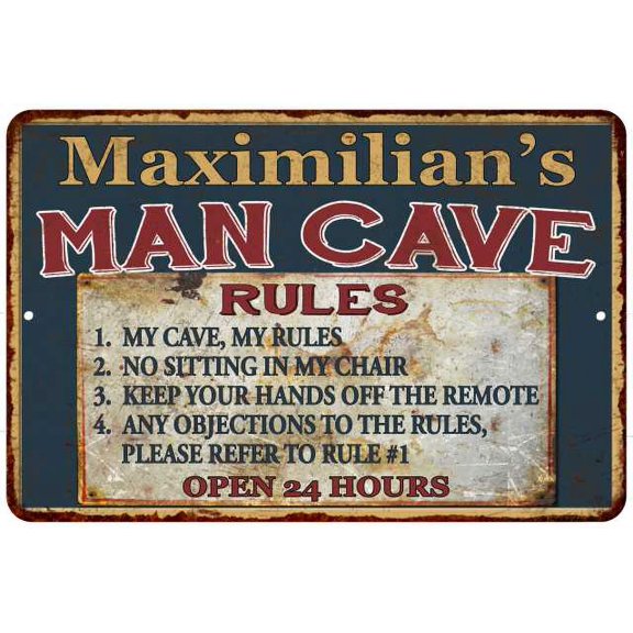 Maximilian's Man Cave Rules Chic Rustic Green Sign Home 8x12 Metal 108120049997