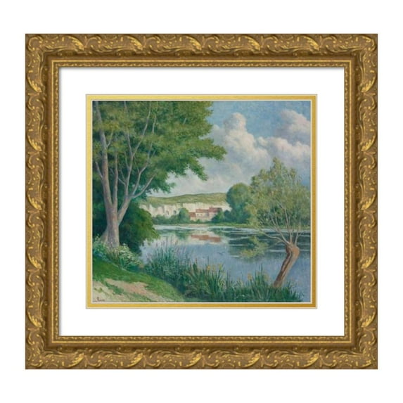 Maximilien Luce 16x15 Gold Ornate Wood Frame and Double Matted Museum Art Print Titled - Seine Edge (circa 1922)