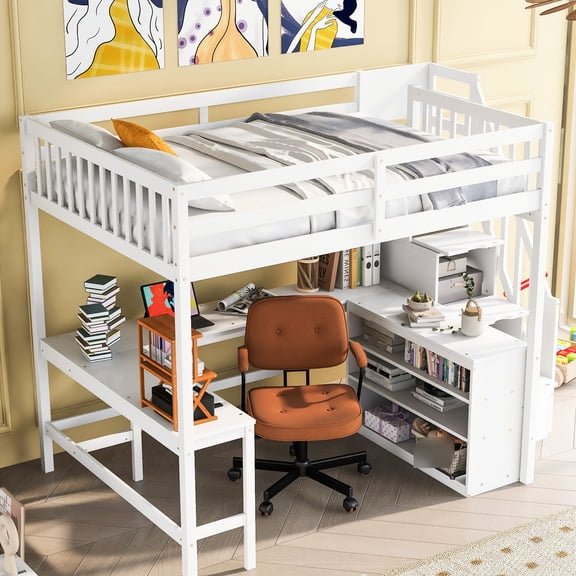Maximize Bedroom Function With Full Size Loft Bed In White, Desk, Shelves & Staircase White Featuring Built-in Three And - Contemporary Style