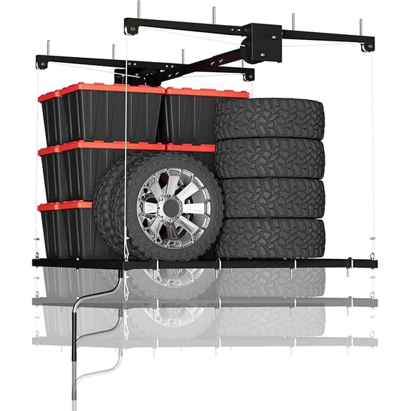 Maximize Your Garage Space with 4x4 ft Heavy-Duty Overhead Ceiling Storage Rack, 350 lbs Capacity, Hand Crank Lift System, Easy Installation, Space-Saving Garage Organization Solution