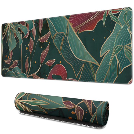Maximize Your Efficiency with XL Extended Large Gaming Mouse Pad - Teal Tropical Leaves, Waterproof, Stitched Edge, Non-slip Mat, Perfect for Keyboard, Laptop, Office Work - 31.5 x 11.8 Inch