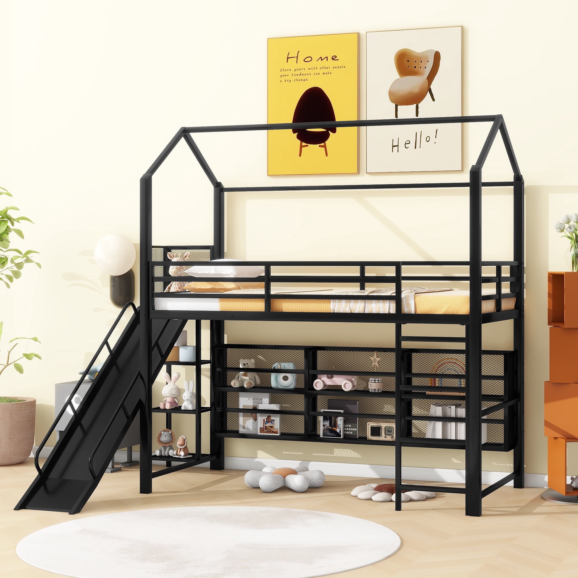 Maximized Space Twin Size House Metal Loft Bed with Iron Mesh Shelves ...