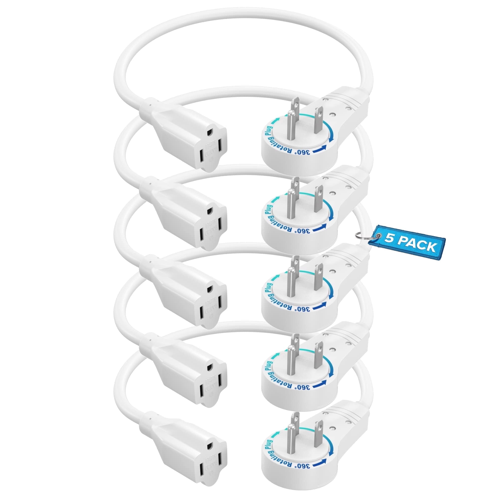 Maximm Extension Cord 0.5 Foot White Flat Plug, 360° Rotating Short Power Cord Single Outlet, Indoor 16 Gauge 3 Prong Grounded Wire UL Certified (6-inch, White)
