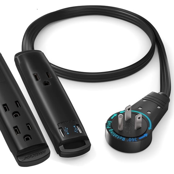 Extension Cord with USB Ports 1FT, USB Extension Cord and 360° Rotating Flat Plug Extension Cord, 3-Outlet with USB Ports (2 Ports), 3 Prong Extension Cord, Grounded Extension Cord (Black)