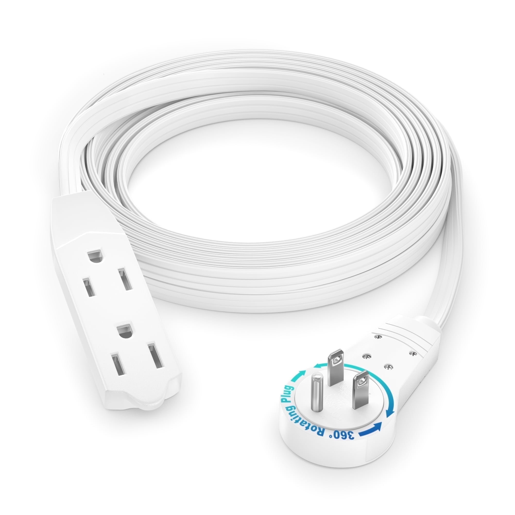 Maximm 10Ft 3-Outlet Flat Plug Extension Cord, 360° Rotating, 16AWG, 13A 1625W, White