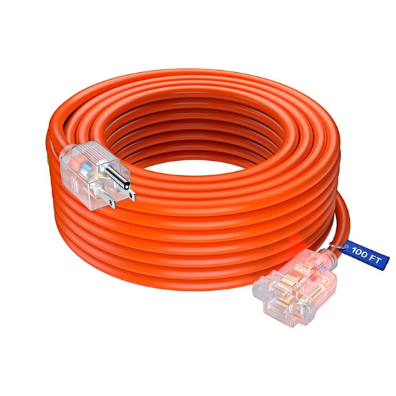Maximm 100 ft Safety Extension Cord with Lighted Power Indicator - Orange, 16 Gauge, SJTW, Heavy Duty Extension Cord
