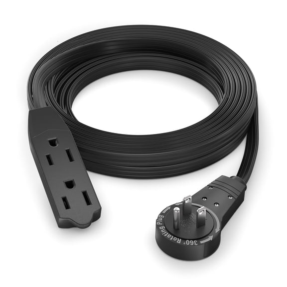 Maximm 12 ft. 16/3 Flat Extension Cord 360 Rotating Plug 3-Outlet 13A, 1625W, UL Certified, Black
