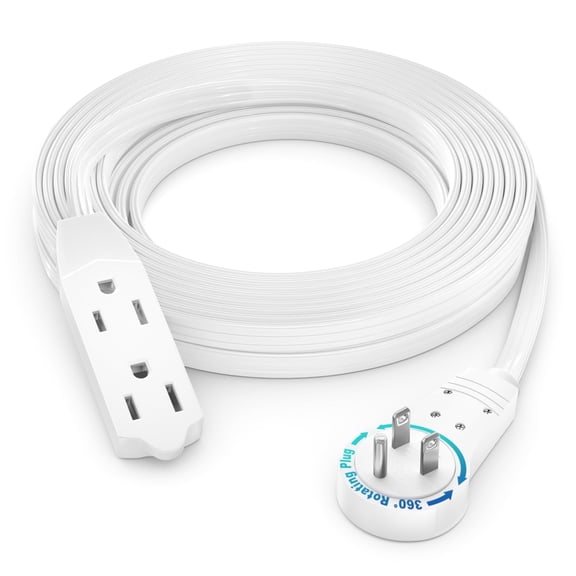 Maximm 15 ft. 16/3 Flat Extension Cord 360 Rotating Plug 3-Outlet 13A, 1625W, UL Certified, White