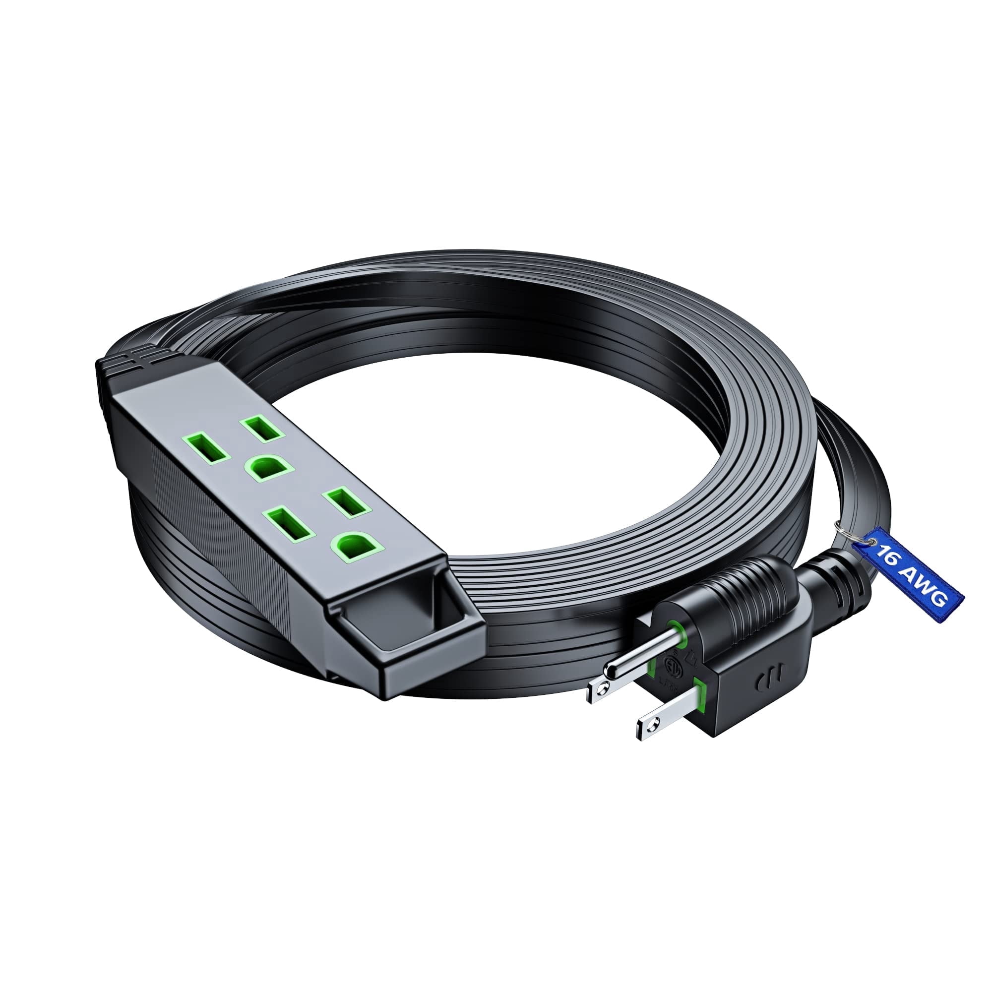 Maximm 15ft Extension Cord, 16 Gauge, Space-Saving Flat Wire Design, 125V, 13A, 1625W, Grounded 3-Prong, ETL Listed, Black