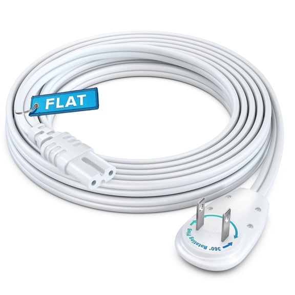 Maximm 2-Prong TV Power Cord 10ft, 360° Rotating Flat Plug, UL Listed, Non-Polarized, Compatible with Samsung, LG, Sony, TCL, Hisense, and More LED LCD Smart TVs, White