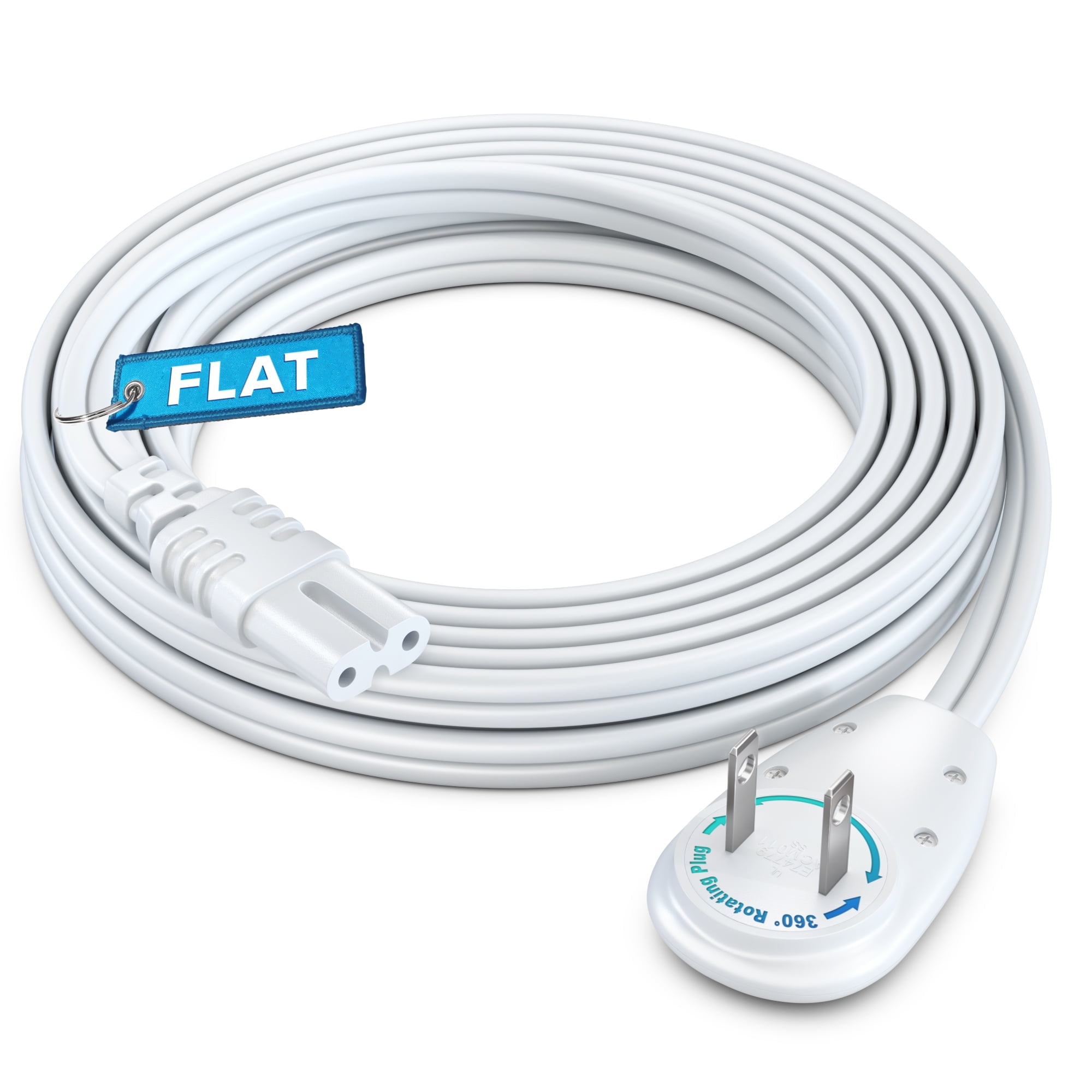 Maximm 2-Prong TV Power Cord 10ft, 360° Rotating Flat Plug, UL Listed, Non-Polarized, Compatible with Samsung, LG, Sony, TCL, Hisense, and More LED LCD Smart TVs, White