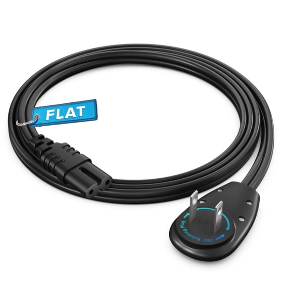 Maximm 2-Prong TV Power Cord 3ft, 360° Rotating Flat Plug, UL Listed, Non-Polarized, Compatible with Samsung, LG, Sony, TCL, Hisense, and More LED LCD Smart TVs, Black