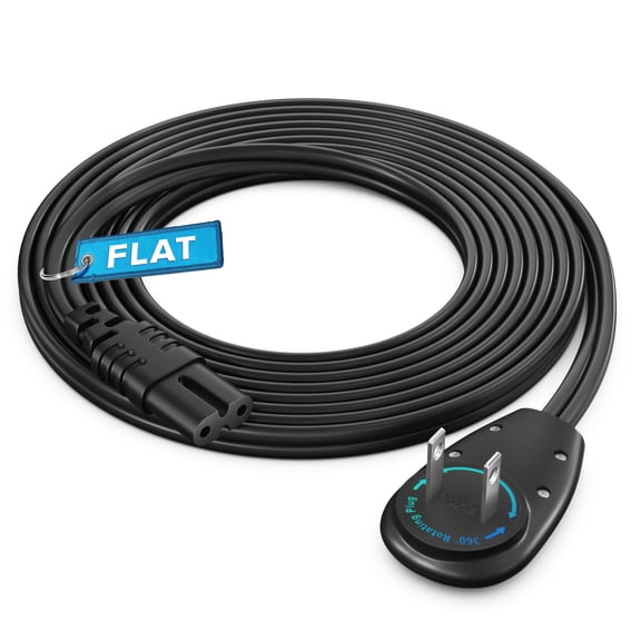 Maximm 2-Prong TV Power Cord 8ft, 360° Rotating Flat Plug, UL Listed, Non-Polarized, Compatible with Samsung, LG, Sony, TCL, Hisense, and More LED LCD Smart TVs, Black