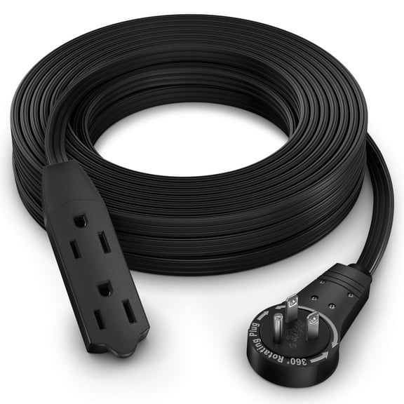 Maximm 25 ft. 16/3 Flat Extension Cord 360 Rotating Plug 3-Outlet 13A, 1625W, UL Certified, Black