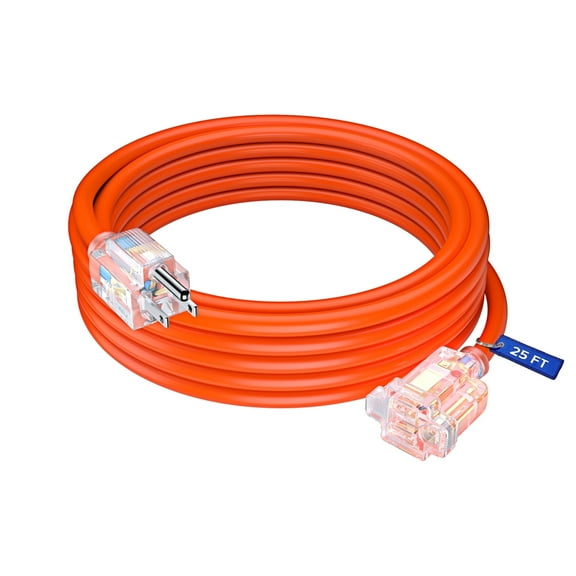 Maximm 25 ft Safety Extension Cord with Lighted Power Indicator - Orange, 16 Gauge, SJTW, Heavy Duty Extension Cord