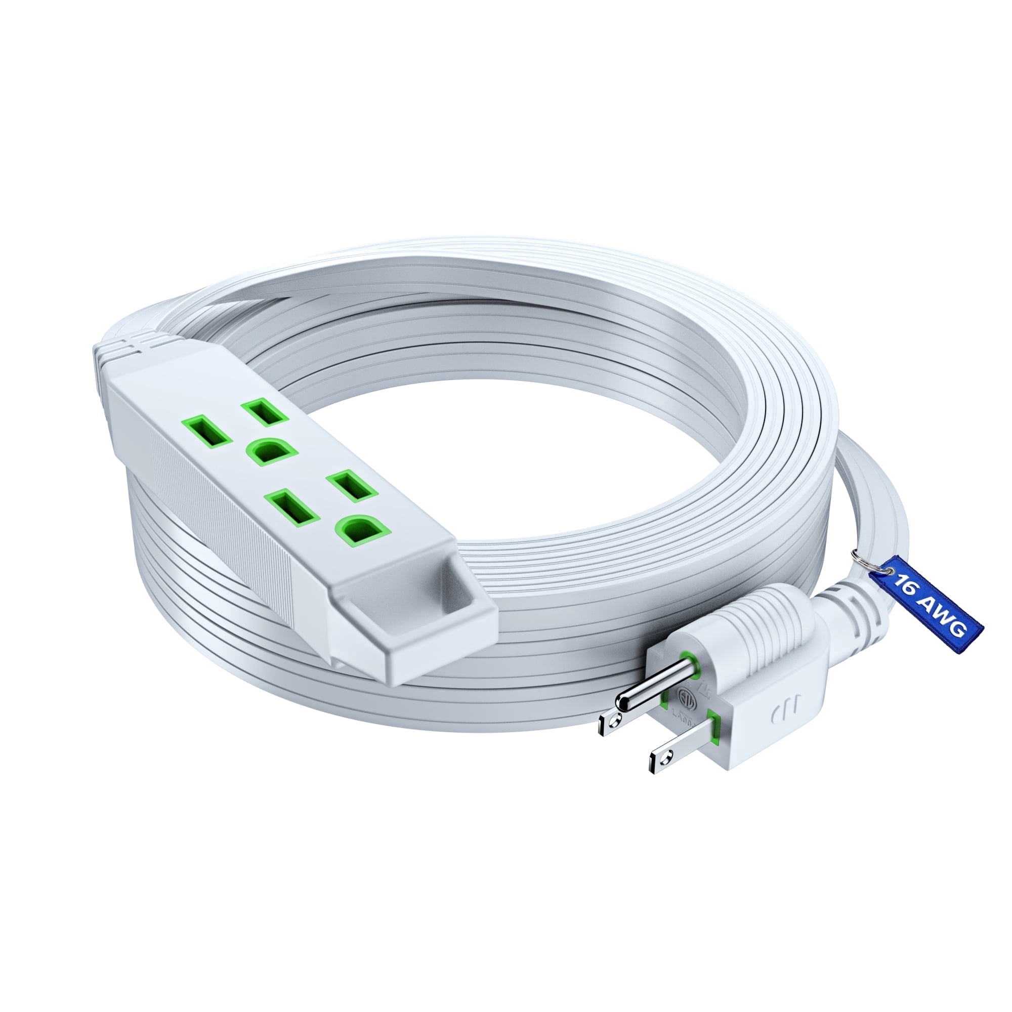 Maximm 25ft Extension Cord, 16-Gauge Copper, Flat Wire, 125V, 13A, 1625W, Grounded 3-Prong, ETL Listed, White