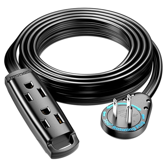 Maximm 3-Outlet 360 Rotating Flat Plug Extension Cord, 10ft, Black, 14AWG Heavy Duty Flat Wire with Hanging Loop, 2-Sided Multi-Outlet Power Strip, UL Certified
