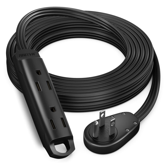 Maximm 3-Outlet 360 Rotating Flat Plug Extension Cord, 10ft, Black, 14AWG Heavy Duty Flat Wire with Hanging Loop, 2-Sided Multi-Outlet Power Strip, UL Certified