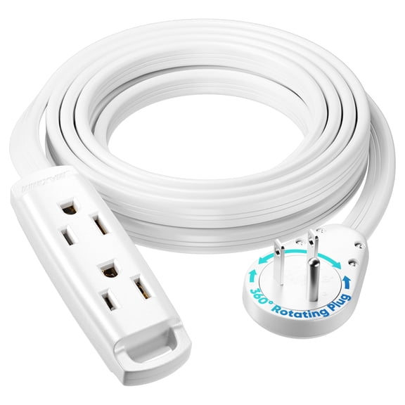 Maximm 3-Outlet 360 Rotating Flat Plug Extension Cord, 10ft, White, 14AWG Heavy Duty Flat Wire with Hanging Loop, 2-Sided Multi-Outlet Power Strip, UL Certified