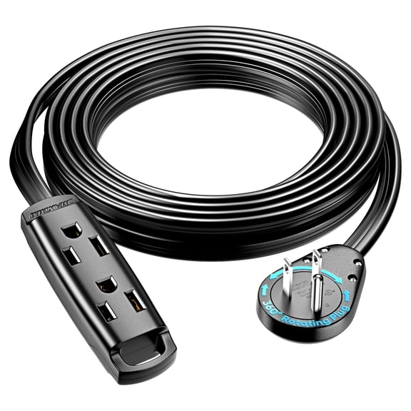 Maximm 3-Outlet 360 Rotating Flat Plug Extension Cord, 15ft, Black, 14AWG Heavy Duty Flat Wire with Hanging Loop, 2-Sided Multi-Outlet Power Strip, UL Certified