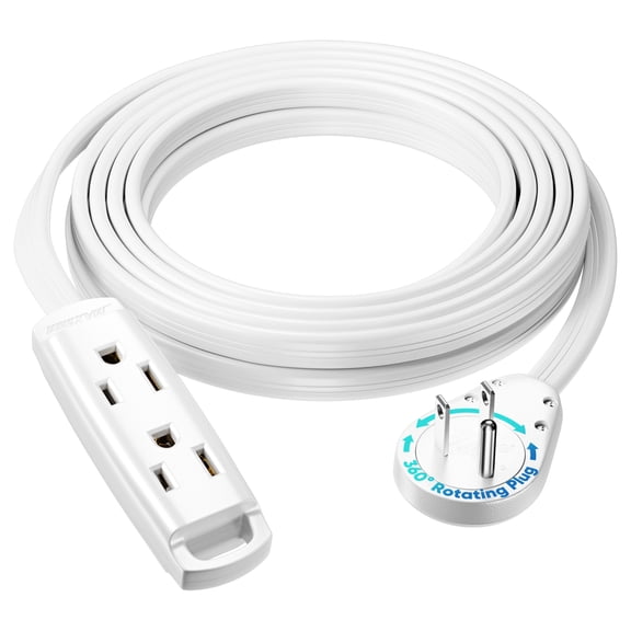 Maximm 3-Outlet 360 Rotating Flat Plug Extension Cord, 15ft, White, 14AWG Heavy Duty Flat Wire with Hanging Loop, 2-Sided Multi-Outlet Power Strip, UL Certified