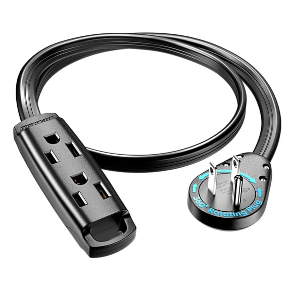 Maximm 3-Outlet 360 Rotating Flat Plug Extension Cord, 1ft, Black, 14AWG Heavy Duty Flat Wire with Hanging Loop, 2-Sided Multi-Outlet Power Strip, UL Certified
