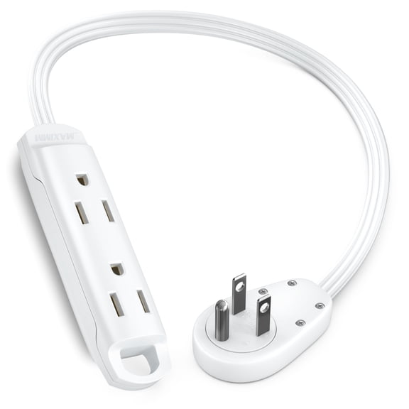 Maximm 3-Outlet 360 Rotating Flat Plug Extension Cord, 1ft, White, 14AWG Heavy Duty Flat Wire with Hanging Loop, 2-Sided Multi-Outlet Power Strip, UL Certified