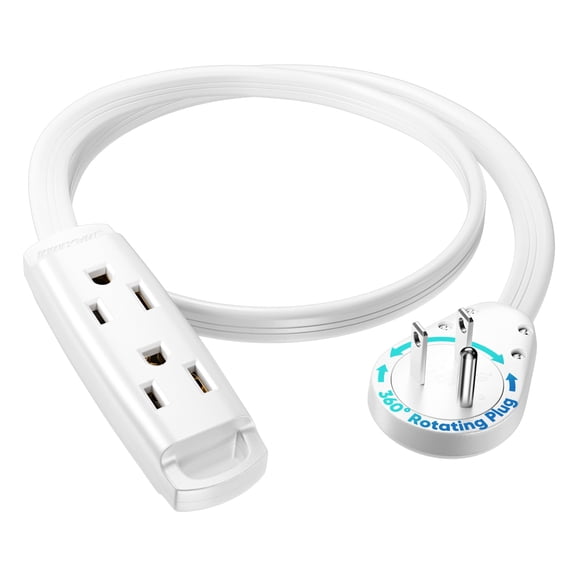 Maximm 3-Outlet 360 Rotating Flat Plug Extension Cord, 1ft, White, 14AWG Heavy Duty Flat Wire with Hanging Loop, 2-Sided Multi-Outlet Power Strip, UL Certified