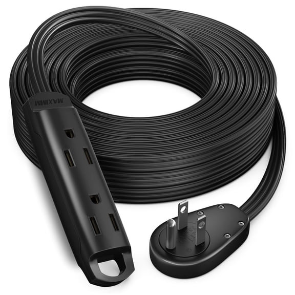 Maximm 3-Outlet 360 Rotating Flat Plug Extension Cord, 20ft, Black, 14AWG Heavy Duty Flat Wire with Hanging Loop, 2-Sided Multi-Outlet Power Strip, UL Certified