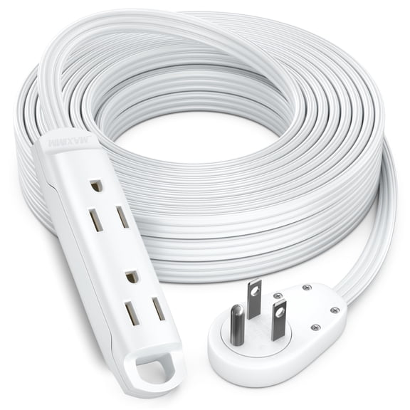 Maximm 3-Outlet 360 Rotating Flat Plug Extension Cord, 20ft, White, 14AWG Heavy Duty Flat Wire with Hanging Loop, 2-Sided Multi-Outlet Power Strip, UL Certified