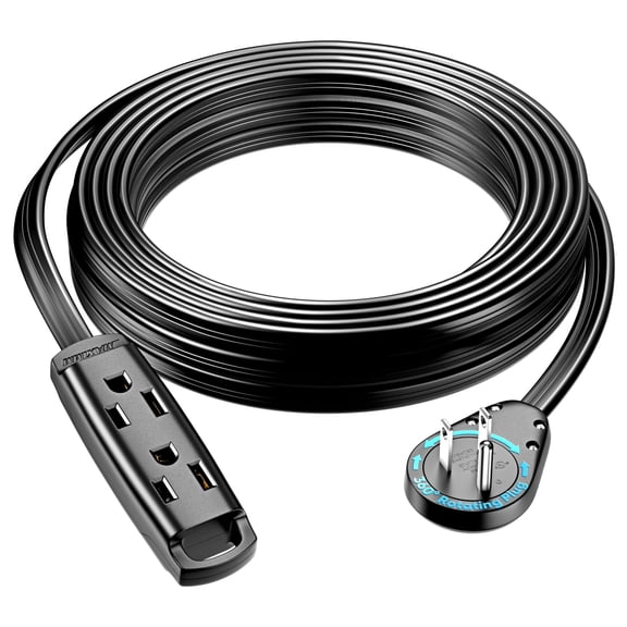Maximm 3-Outlet 360 Rotating Flat Plug Extension Cord, 25ft, Black, 14AWG Heavy Duty Flat Wire with Hanging Loop, 2-Sided Multi-Outlet Power Strip, UL Certified