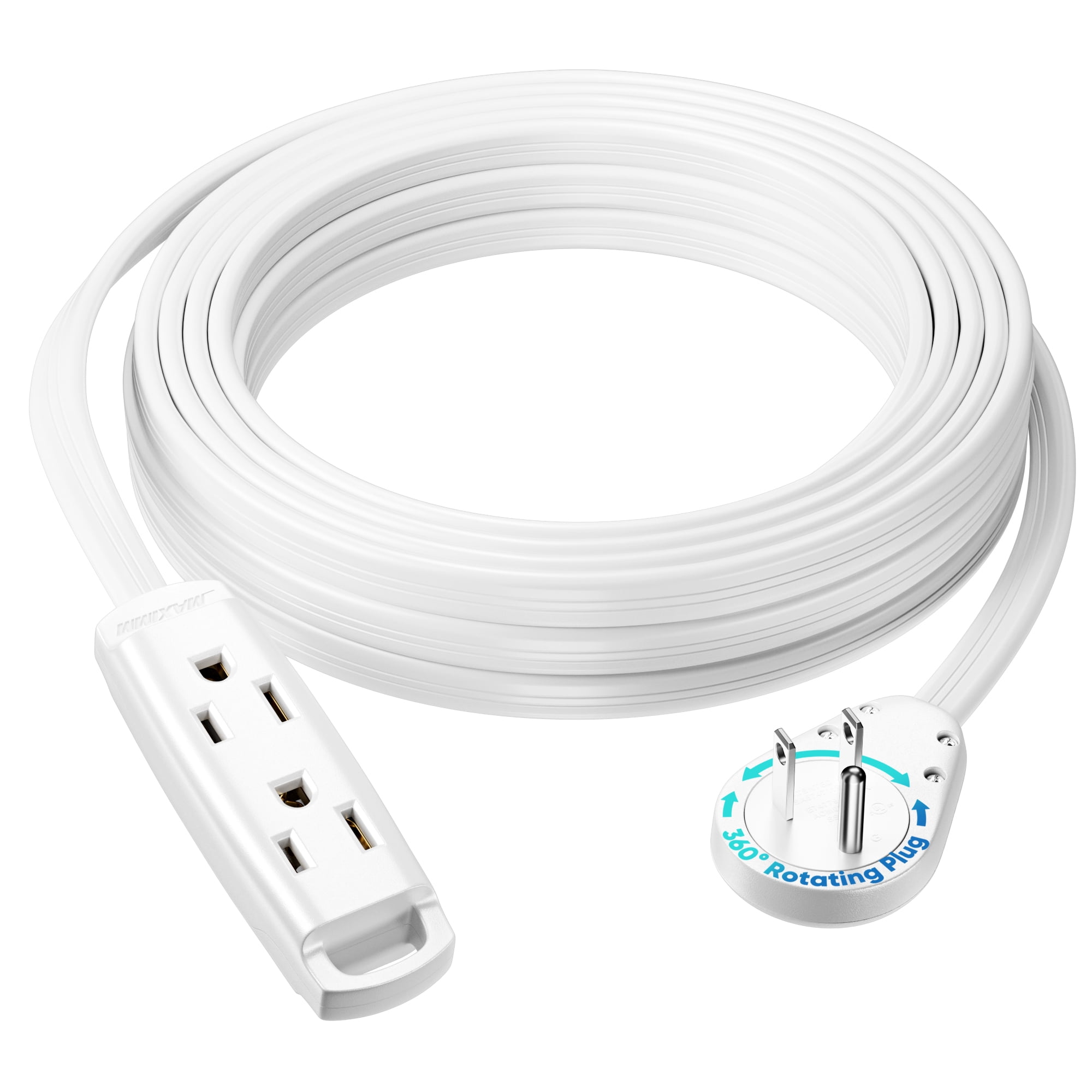 Maximm 3-Outlet 360° Rotating Flat Plug Extension Cord, 25ft, White, 14AWG Heavy Duty Flat Wire with Hanging Loop, 2-Sided Multi-Outlet Power Strip, UL Certified