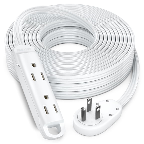 Maximm 3-Outlet 360 Rotating Flat Plug Extension Cord, 25ft, White, 14AWG Heavy Duty Flat Wire with Hanging Loop, 2-Sided Multi-Outlet Power Strip, UL Certified