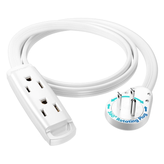 Maximm 3-Outlet 360 Rotating Flat Plug Extension Cord, 3ft, White, 14AWG Heavy Duty Flat Wire with Hanging Loop, 2-Sided Multi-Outlet Power Strip, UL Certified