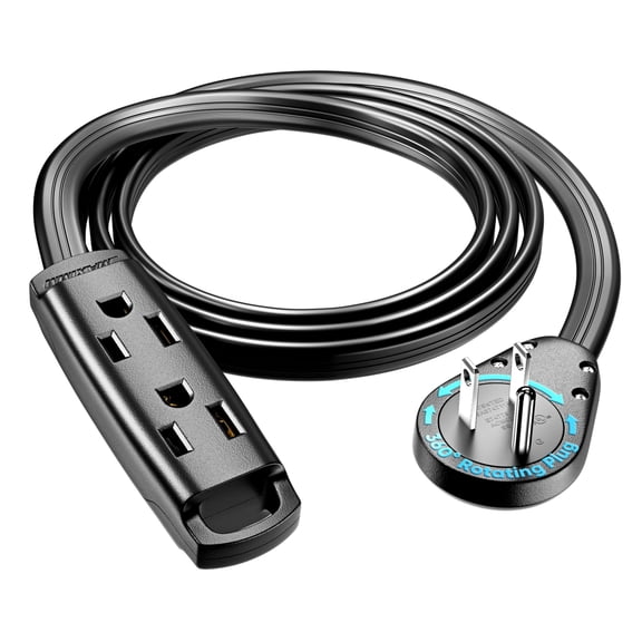 Maximm 3-Outlet 360 Rotating Flat Plug Extension Cord, 4ft, Black, 14AWG Heavy Duty Flat Wire with Hanging Loop, 2-Sided Multi-Outlet Power Strip, UL Certified