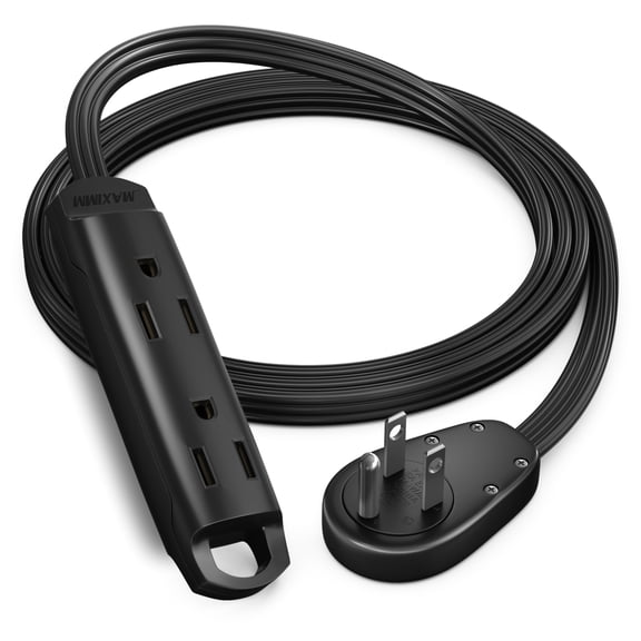 Maximm 3-Outlet 360 Rotating Flat Plug Extension Cord, 4ft, Black, 14AWG Heavy Duty Flat Wire with Hanging Loop, 2-Sided Multi-Outlet Power Strip, UL Certified