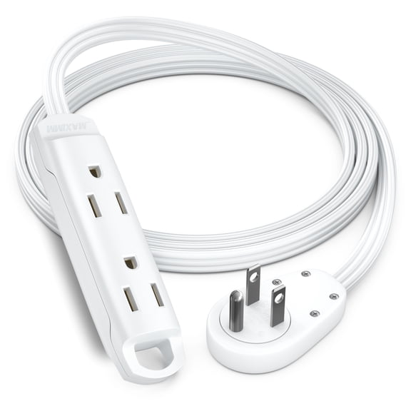 Maximm 3-Outlet 360 Rotating Flat Plug Extension Cord, 4ft, White, 14AWG Heavy Duty Flat Wire with Hanging Loop, 2-Sided Multi-Outlet Power Strip, UL Certified