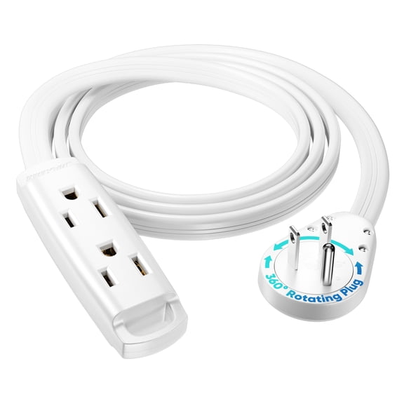 Maximm 3-Outlet 360 Rotating Flat Plug Extension Cord, 4ft, White, 14AWG Heavy Duty Flat Wire with Hanging Loop, 2-Sided Multi-Outlet Power Strip, UL Certified