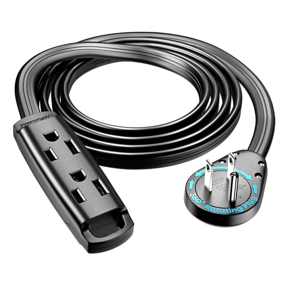 Maximm 3-Outlet 360 Rotating Flat Plug Extension Cord, 6ft, Black, 14AWG Heavy Duty Flat Wire with Hanging Loop, 2-Sided Multi-Outlet Power Strip, UL Certified
